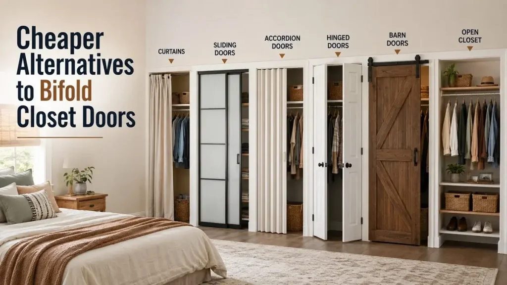 8 Cheaper Alternatives to Bifold Closet Doors That Actually Work - Storage Ideas | HomeImprovementGeek Cheaper alternatives to bifold closet doors including curtains, sliding doors, accordion doors, hinged doors, barn doors, and open closets.