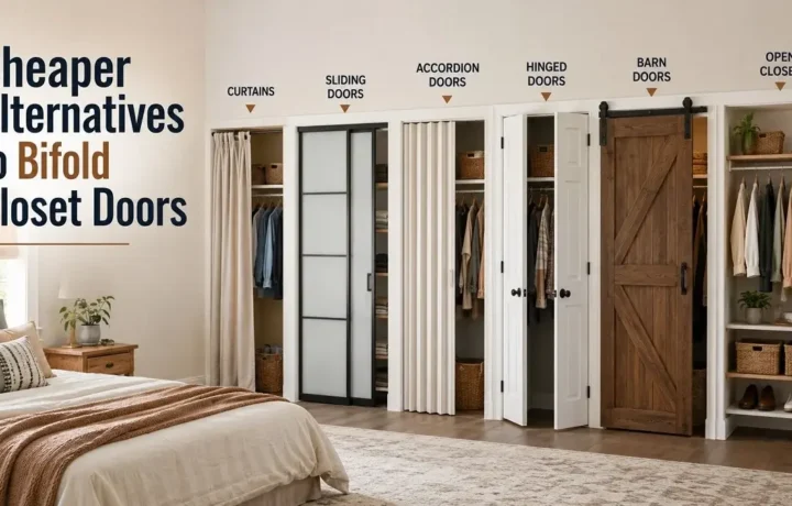 Cheaper alternatives to bifold closet doors including curtains, sliding doors, accordion doors, hinged doors, barn doors, and open closets.