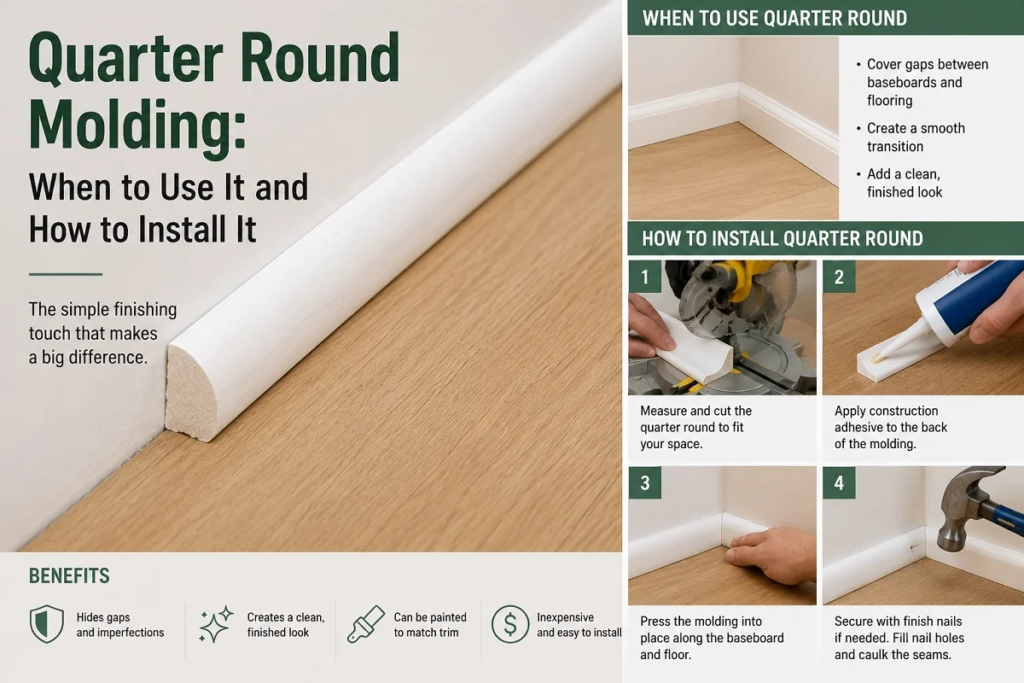 Quarter round molding installed neatly between a white baseboard and wood flooring