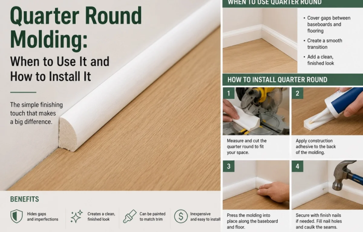 Quarter round molding installed neatly between a white baseboard and wood flooring