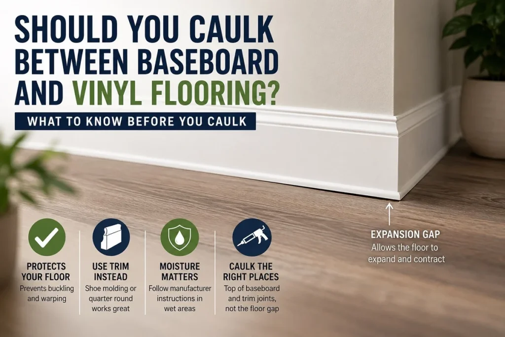 Baseboard and vinyl flooring showing the expansion gap and where caulk should be used