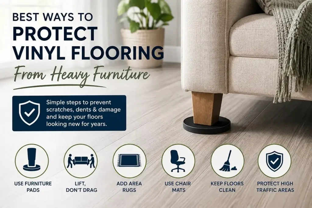 Furniture pad protecting vinyl flooring from a heavy sofa leg