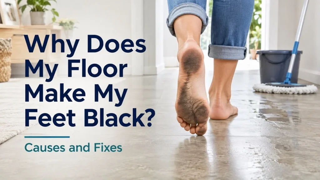 Bare feet with black dirt marks on a floor beside a mop, illustrating why floors can make feet black
