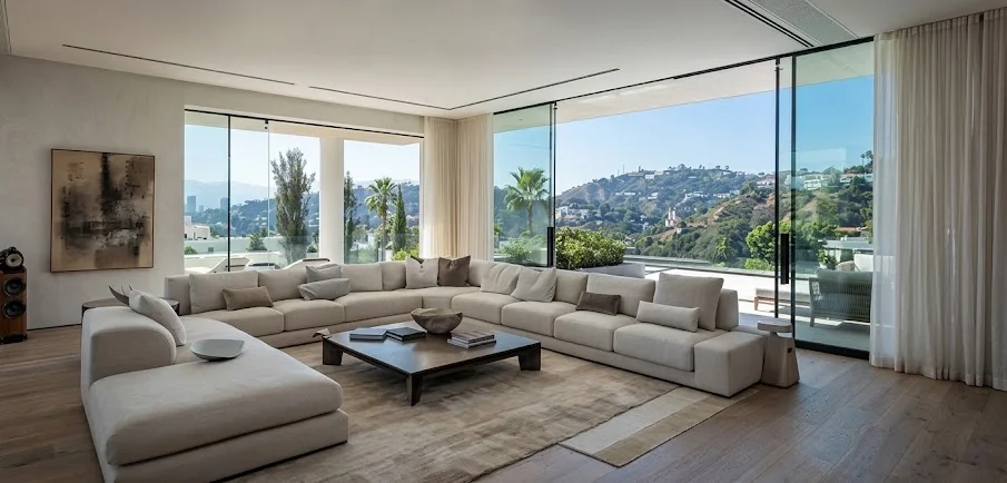 Modern luxury living room interior of Keanu Reeves' Los Angeles home