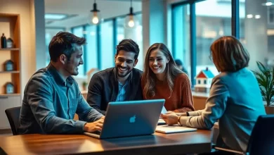 Smiling couple discussing home loan options with a home loan agency loan officer in a bright, modern office.