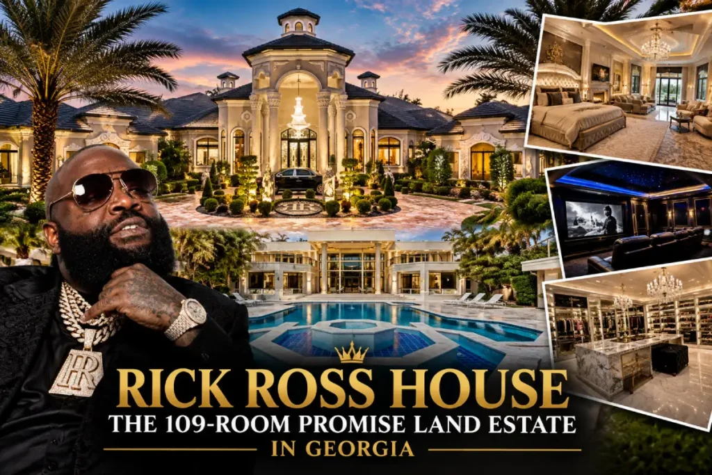 Rick Ross House, the 109-room Promise Land estate in Georgia, featuring its luxury mansion, pool, and interiors