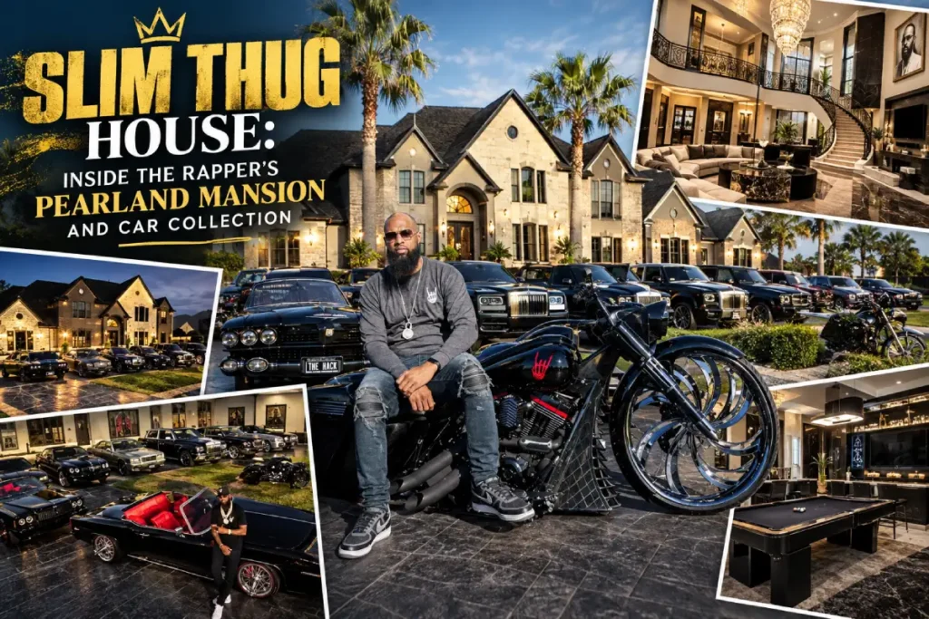 Slim Thug sitting on a custom motorcycle in front of his Pearland mansion and luxury car collection