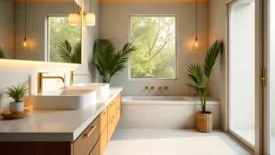 Bright bathroom with budget-friendly countertops, wooden cabinets, and lush green plants.