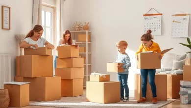 Family packing moving boxes together in a bright living room while organizing their moving-out list.