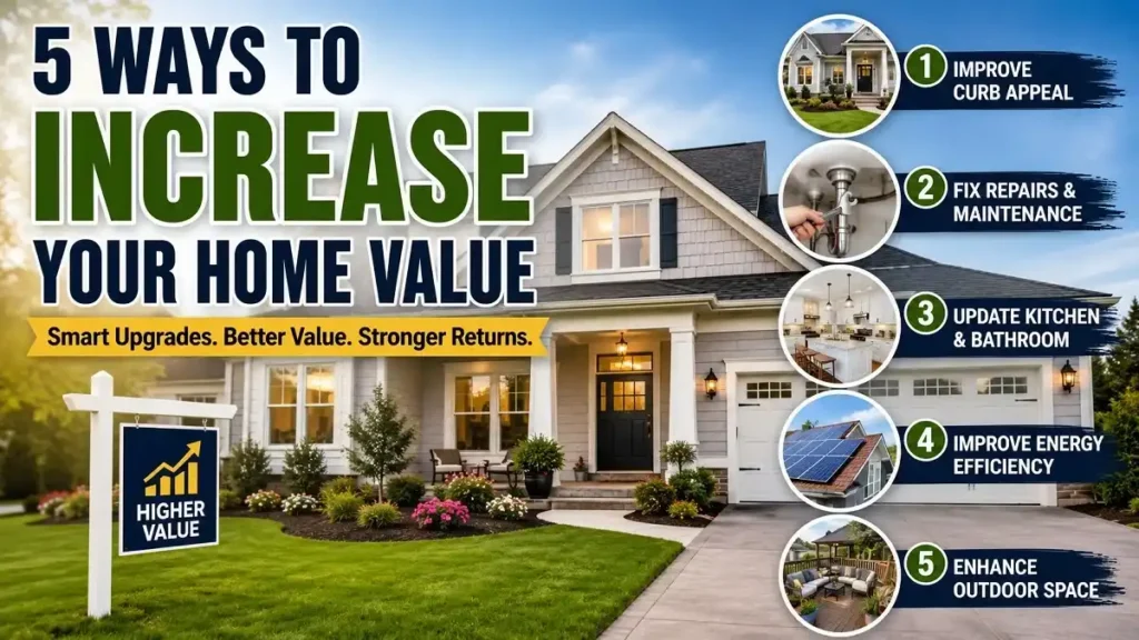 Five ways to increase home value, including curb appeal, repairs, kitchen and bathroom updates, energy efficiency, and outdoor improvements.