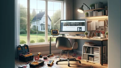 A home office setup for a home improvement business with tools, a computer displaying digital marketing strategies, and a scenic view.