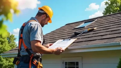 A professional roofing contractor wearing a hard hat inspects a roof with a clipboard in hand on a sunny day.
