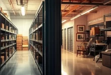 Indoor storage facility showing traditional and climate-controlled storage units side by side with labeled sections.
