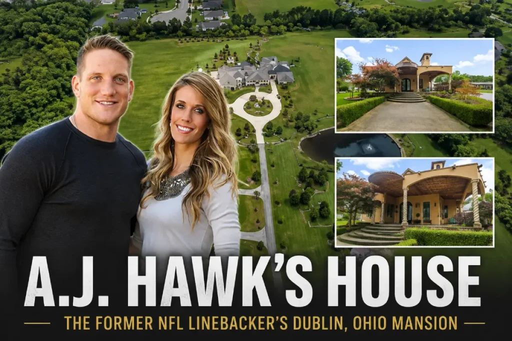A.J. Hawk’s former Dublin, Ohio mansion with aerial estate view