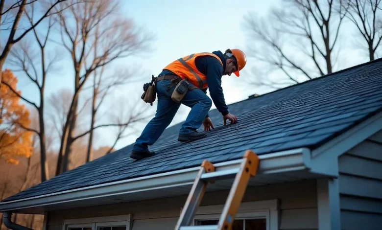 Roofing contractor in safety gear repairing a roof in Connecticut during autumn with tools and ladder in view.