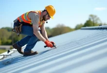 Roofer inspecting a commercial roof for damage, emphasizing regular maintenance to protect commercial roofs in New England.