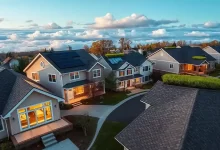 Modern Ohio neighborhood showing energy-efficient roofs, including solar shingles and green roofs, under a clear sky.