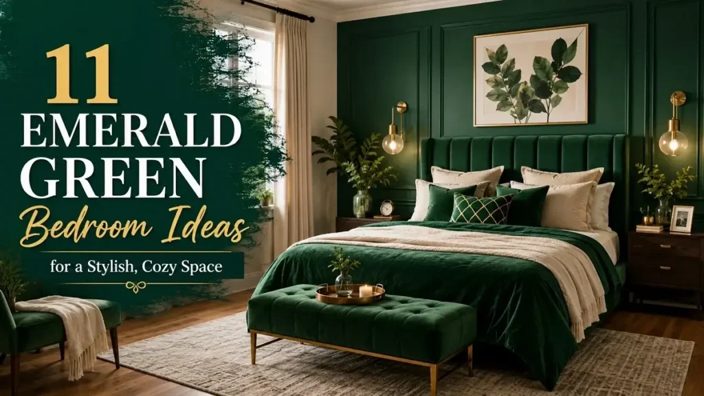 Emerald green bedroom with a velvet bed, green accent wall, warm lighting, wood furniture, and gold accents