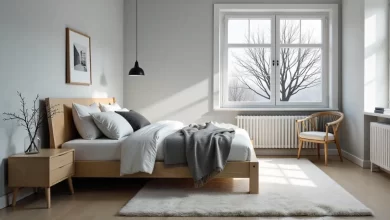Aesthetic Bedroom Ideas featuring a minimalist bedroom with light wood furniture, cozy layered bedding, and soft natural light.