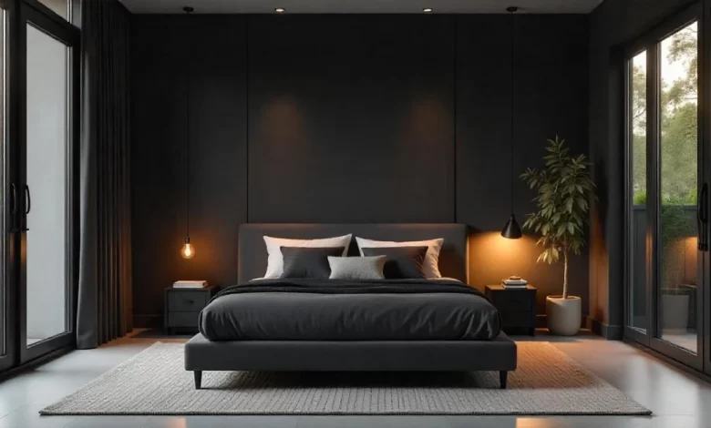 10 Black Gray Bedroom Ideas: Creating Sophisticated Spaces in 2025 - Kitchen | HomeImprovementGeek Black Gray Bedroom Ideas featuring a modern bedroom with charcoal walls, gray bedding, black accent furniture, and soft ambient lighting.