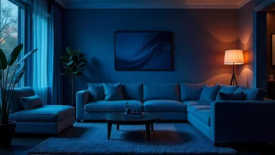 Elegant Blue and Brown Living Room with plush blue sofa, wooden coffee table, and stylish decor for a cozy and modern 2025 home.