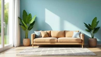 Elegant blue and brown living room featuring a blue accent wall, beige sofa, wooden coffee table, and stylish décor, showcasing Blue and Brown Living Room Ideas.