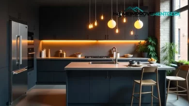 Dark kitchen ideas with black cabinets and white countertops in modern home