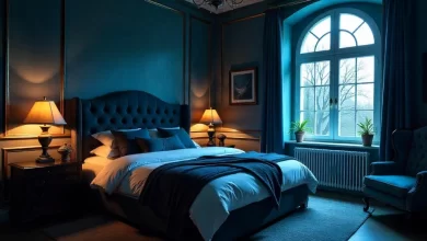 Elegant bedroom showcasing Gothic Bedroom Design Ideas with a tufted headboard, moody blue walls, vintage lighting, and arched window for dramatic effect.