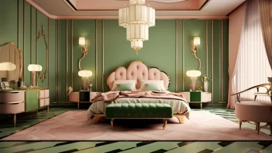 Green and Pink Bedroom Decorating Ideas with sage walls, rose bedding, plants, and modern furniture designs.