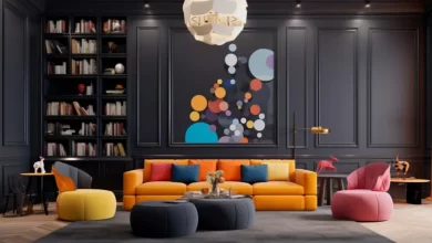 Masculine living room ideas with leather sofa, industrial lighting, and dark color palette