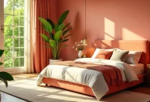Chic bedroom styled with Pink and Green Bedroom Ideas, featuring blush bedding, green accents, and natural light for a cozy, modern look.