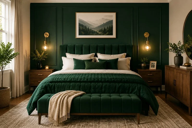 Emerald green bedroom with a dark green accent wall, upholstered bed, warm brass lights, and wood nightstands