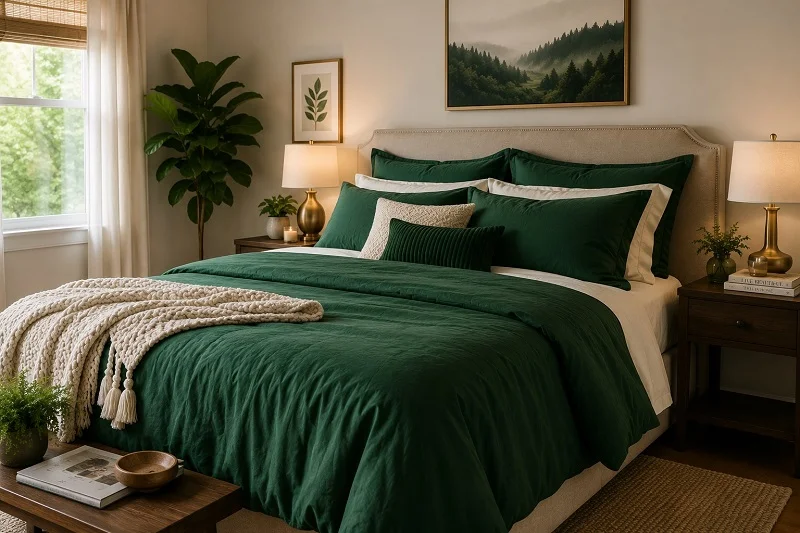 Cozy bedroom with emerald green bedding, cream accents, wood nightstands, warm lamps, and natural greenery