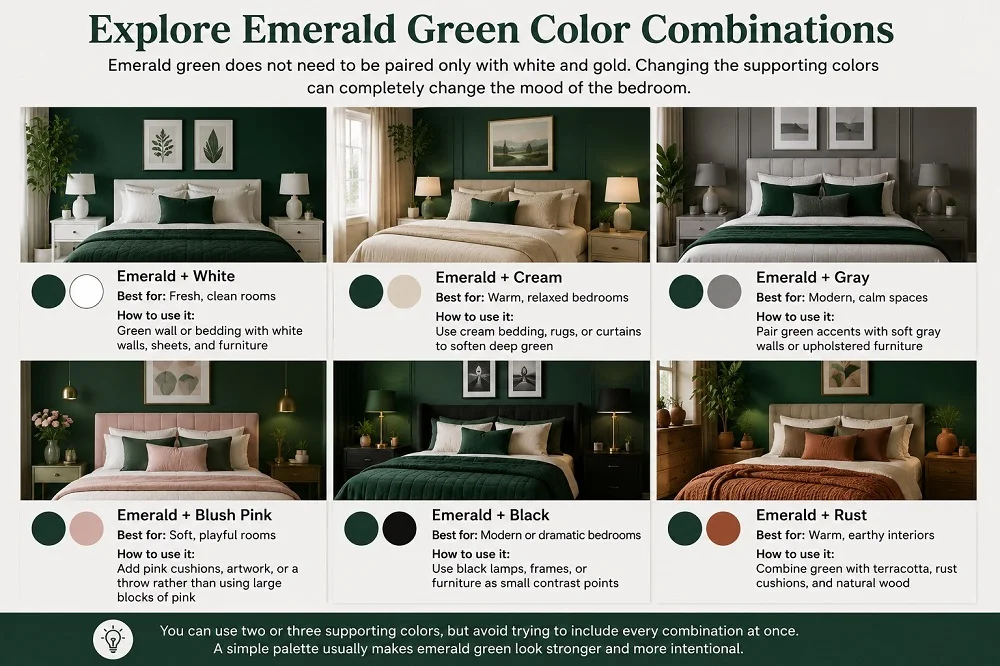Emerald green bedroom color combinations with white, cream, gray, blush pink, black, and rust