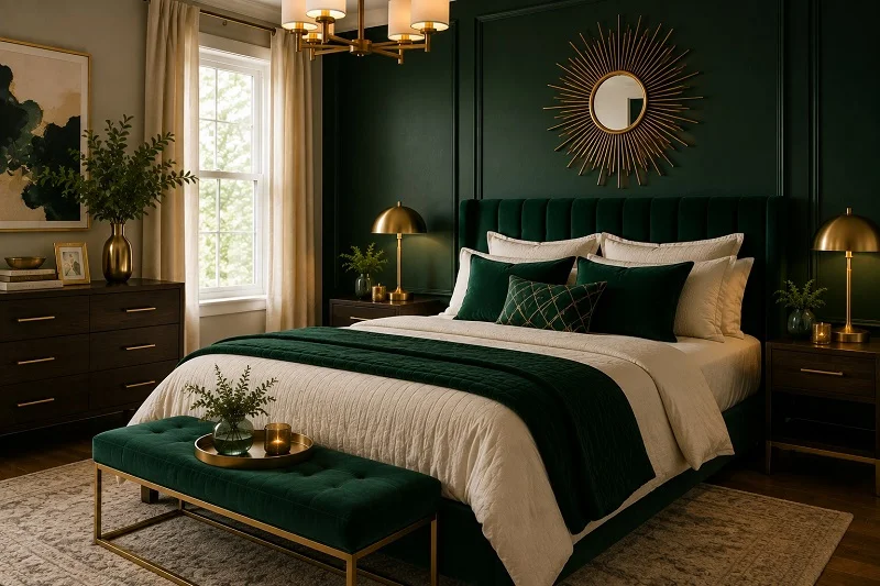 Emerald green bedroom with gold and brass accents, velvet bed, cream bedding, brass lamps, and gold-framed mirror