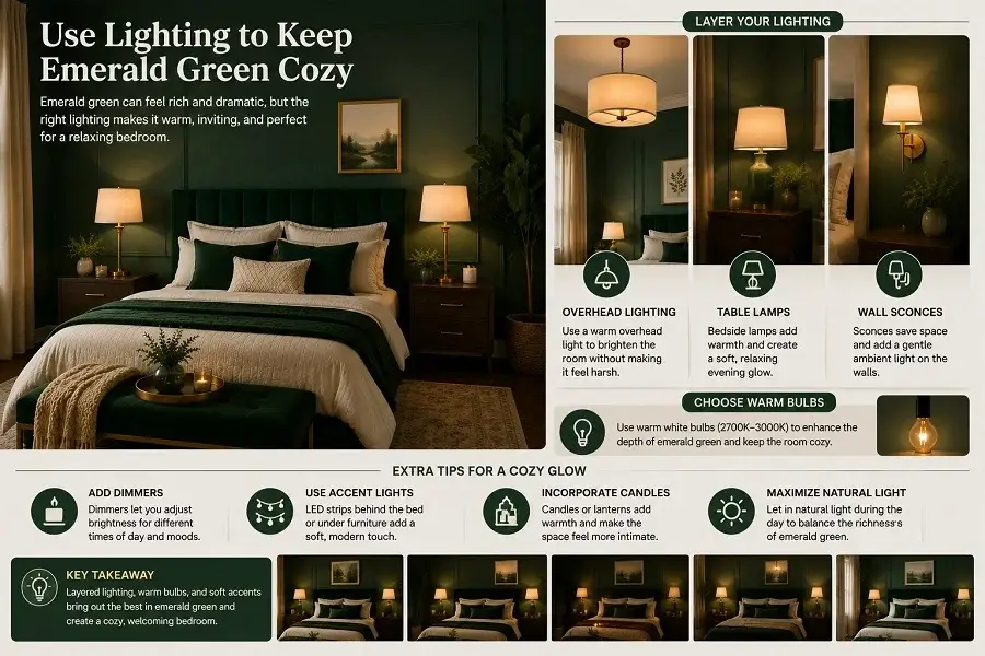 Emerald green bedroom with warm overhead lighting, bedside lamps, wall sconces, and soft ambient light