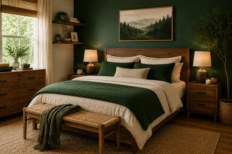 Emerald green bedroom with warm wood furniture, cream bedding, woven bench, natural rug, and indoor plants