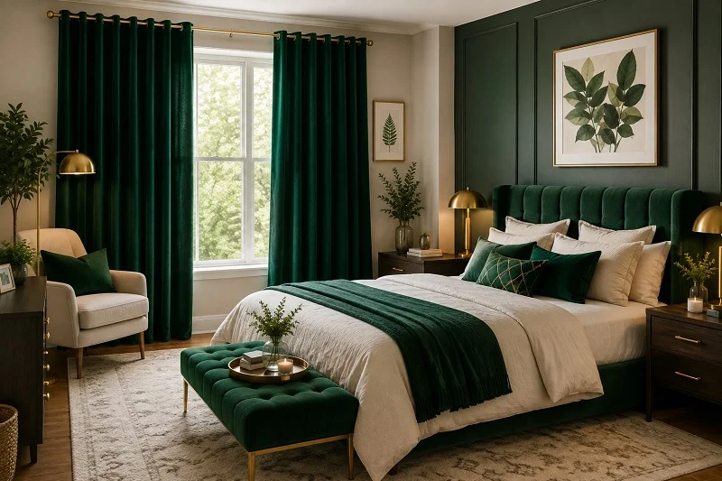 Bedroom with emerald green curtains, cream bedding, green upholstered bed, warm brass lamps, and wood furniture