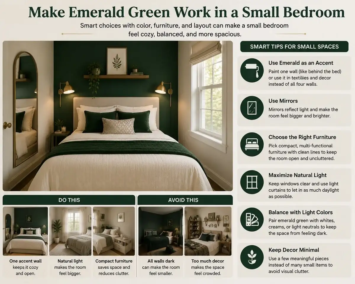 Small bedroom with an emerald green accent wall, light bedding, mirror, compact furniture, and natural light
