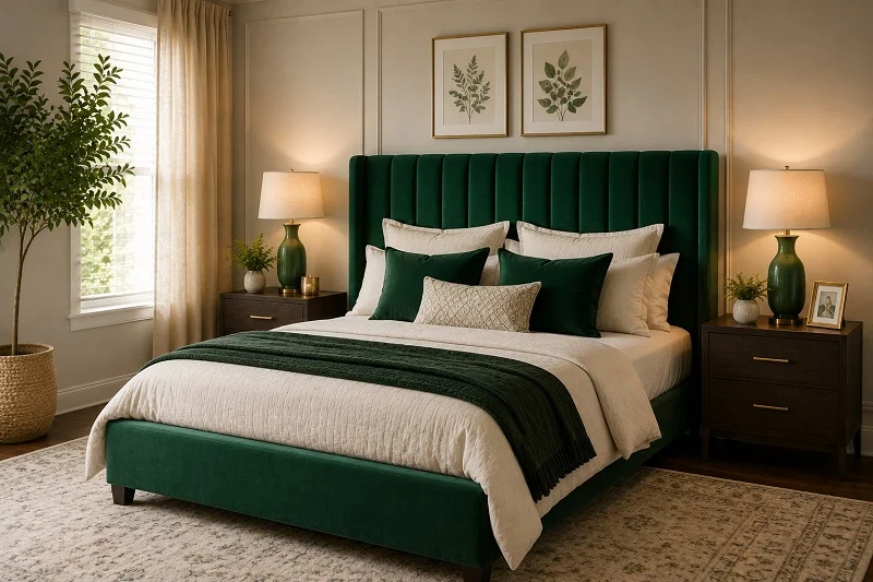 Bedroom with an emerald green upholstered bed and tall velvet headboard, cream bedding, wood nightstands, and warm lighting