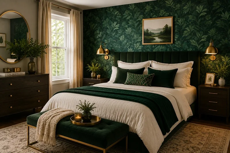 Bedroom with emerald green botanical wallpaper, cream bedding, green velvet headboard, and warm brass lighting