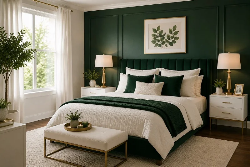 Emerald green and white bedroom with a green accent wall, cream bedding, white furniture, and warm brass details