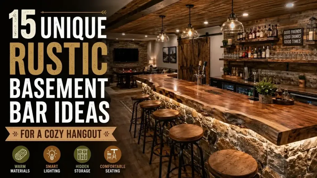 Rustic basement bar with a live-edge wood counter, stone bar front, warm pendant lights, open shelving, and bar stools.