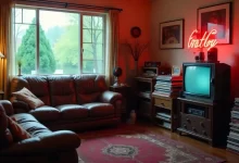 80s Living Room with brown leather sofas, vintage TV, neon sign, and retro decor for a cozy, nostalgic atmosphere.