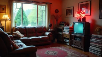 80s Living Room with brown leather sofas, vintage TV, neon sign, and retro decor for a cozy, nostalgic atmosphere.