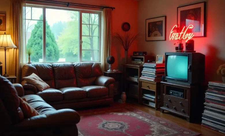 80s Living Room Trends to Explore in 2025 for Retro Inspiration - Home Decor | HomeImprovementGeek 80s Living Room with brown leather sofas, vintage TV, neon sign, and retro decor for a cozy, nostalgic atmosphere.