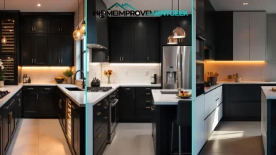 Black White and Gray Kitchen Ideas: Contemporary design with two-tone cabinets and statement lighting.