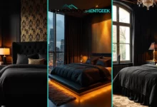 Luxurious Black and Gold Bedroom Ideas with matte walls, metallic fixtures, and velvet textiles.