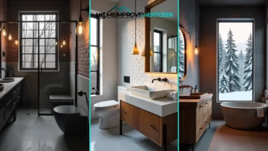 Industrial Bathroom Design Ideas: concrete vanity with black fixtures against brick wall