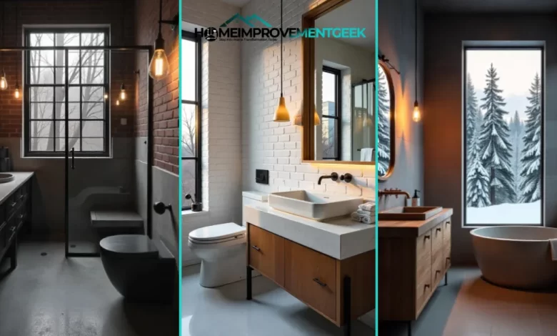 Industrial Bathroom Design Ideas: concrete vanity with black fixtures against brick wall